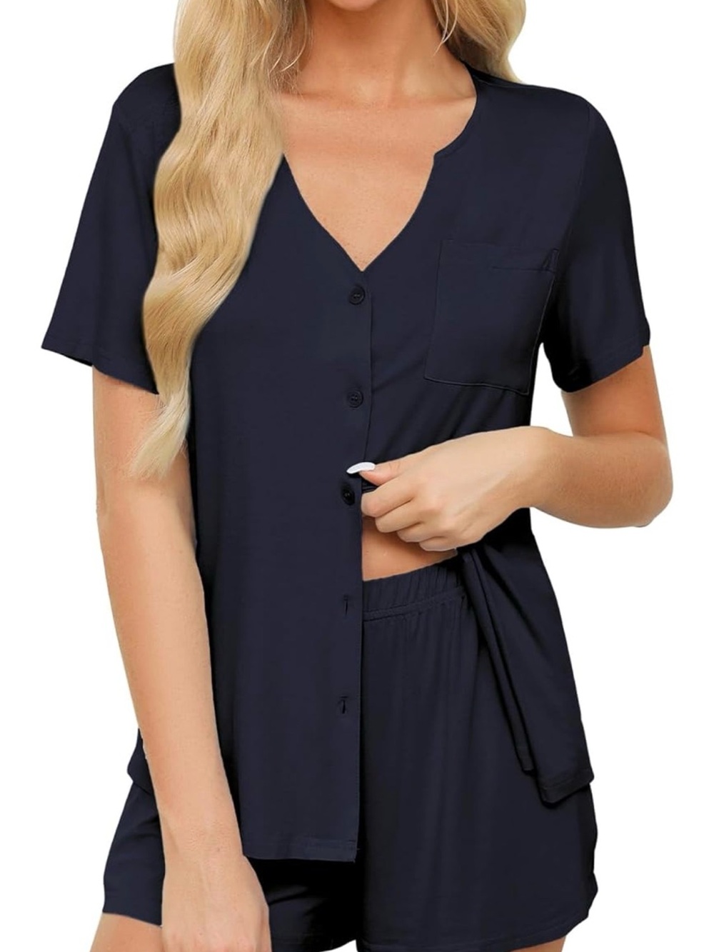 Women's Navy Short Sleeve Button-Front Pajama Set - Picture 3 of 3